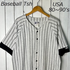 T●299 USA古着 80s～90s USA製 ピンストライプ ベースボールシャツ Tシャツ L BIKE オールド ヴィンテージ ナンバリング レイヤード