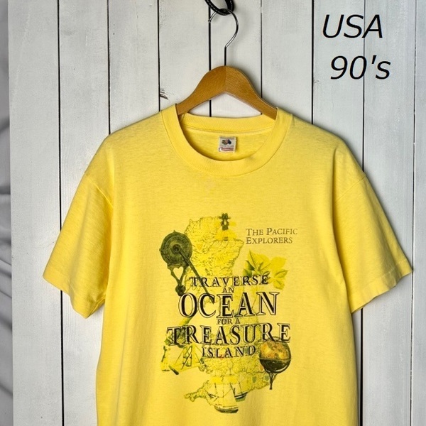 T●301 USA古着 90s USA製 OCEAN TREASURE 染み込みプリントTシャツ L 黄色 オールド ヴィンテージ フルーツオブザルーム シングルステッチ