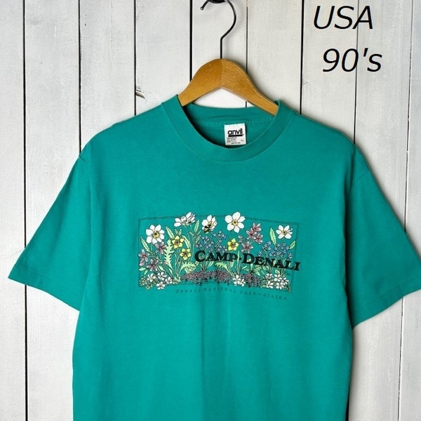 T●304 USA古着 90s USA製 CAMP・DENALI ボタニカルTシャツ M～L 緑 オールド ヴィンテージ アメリカ スーベニア anvil シングルステッチ