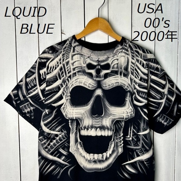 T●308 USA古着 美品 LQUID BLUE　2000年製 ドクロ・スカル両面Tシャツ M程度 オールド ヴィンテージ リキッドブルー グラフィックアート