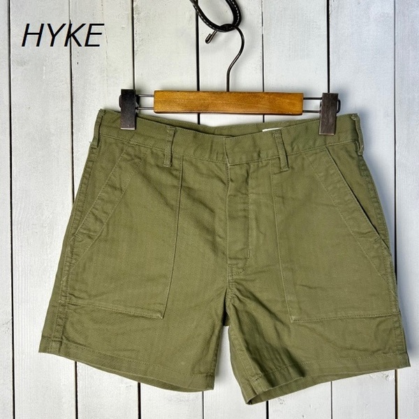 HYKE ハイク ミリタリー ヘリンボーン ベイカーショートパンツ 1 オリーブグリーン 日本製 ショーツ コットン green ●130