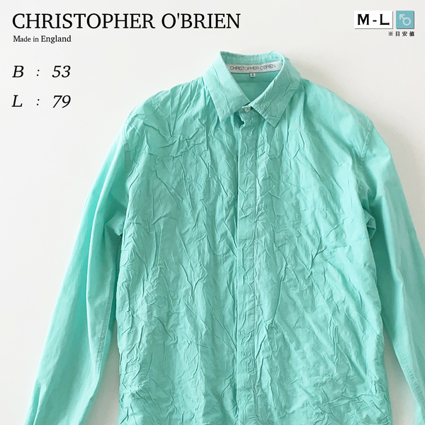 CHRISTOPHER O'BRIEN イギリス製 クリンクル シワ 加工 オックスフォード 厚手 比翼 シャツ 緑 ミント グリーン スリム 綿 100% コットン L