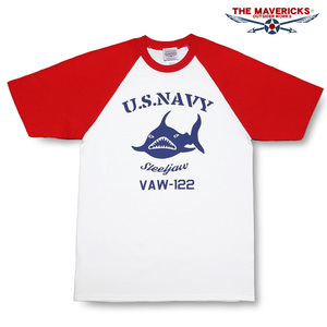 ラグラン Tシャツ M メンズ 半袖 アメカジ MAVERICKS ブランド ミリタリー NAVY 米海軍 SteelJaw ジョーズ ホワイト レッド