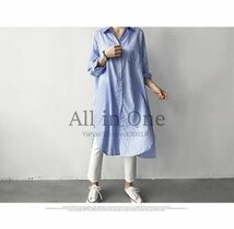 58-56-35 さわやかブルー ストライプシャツ ロング丈 【ブルー,XL】レディース 大きいサイズ 新品 シャツ ワンピース ロング 長袖 通勤 .1_画像4