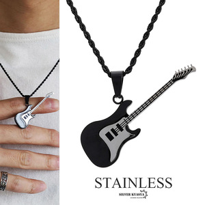 STAINLESS ギターネックレス ペンダント guitar ロック 系 ミュージック ブラック 黒メンズ ステンレス素材