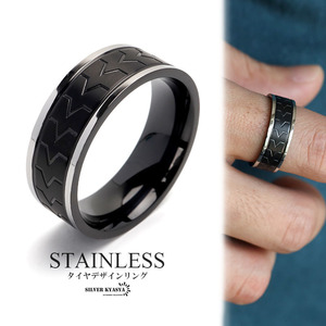 メンズリング かっこいい 黒 ブラック 男性 指輪 シンプルリング 付けっぱなしOK ステンレス製 タイヤ模様デザイン (26号)