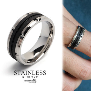 カーボンリング メンズ指輪 かっこいい シルバー ブラック シンプルリング ステンレス製 付けっぱなしOK (22号)