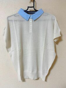 異素材使い　ニットポロシャツ　Ｍ　アイボリー 【KAE-3669】