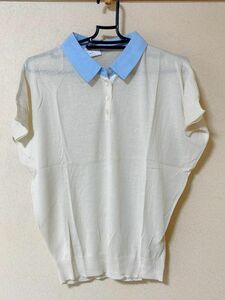  unusual material using knitted polo-shirt M ivory [KAE-3675]