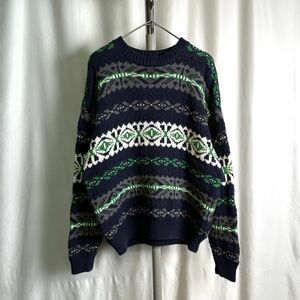 アイルランド製 90s OLD GAP 総柄 ボーダー コットン セーター M ネイビー ニット ワイド オールド ギャップ 80s 00s 古着 ビンテージ