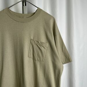 90s одноцветный карман футболка L-XL бежевый box одиночный стежок хлопок простой pokeT 80s 00s Old Vintage 