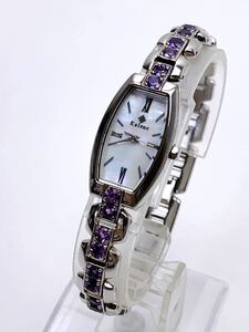 T640 美品 レア Kalene カレン シェル文字盤 紫系ラインストーン 純正ブレス クオーツ レディース 腕時計