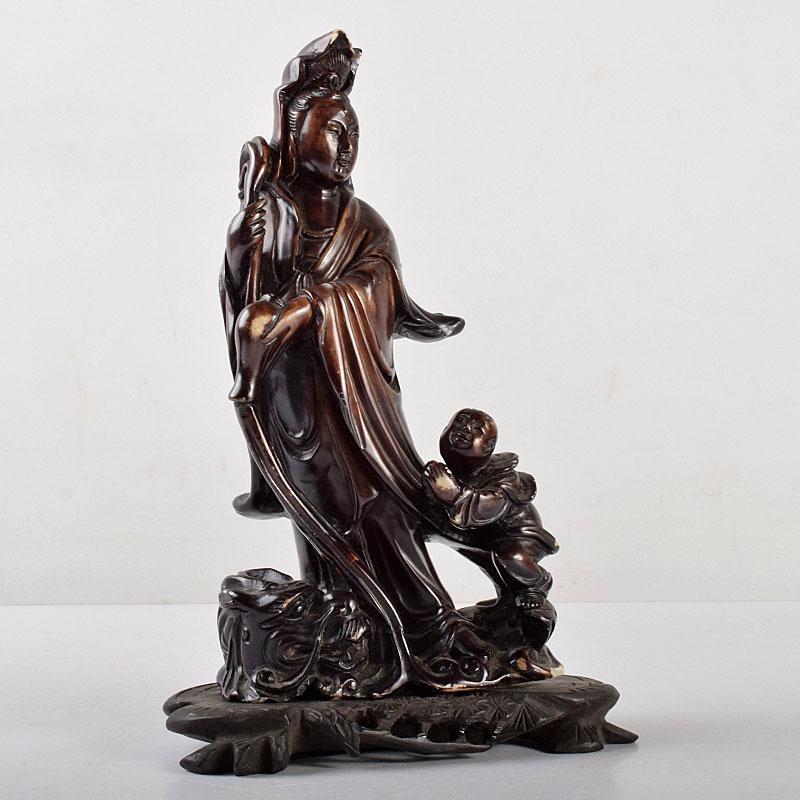 中国美術 白玉玉石彫刻 唐子観音像 仏像 置物 唐木台付 古玩 DEWG 