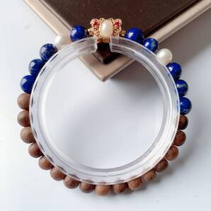 ◇ラピスラズリ+淡水真珠2粒+檀木◇ブレスレット◇パワーストーン◇天然石◇木珠◇巾着袋つき◇プレゼントにも021B6253