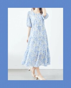 新品未使用！水彩花柄ライトブルーワンピース