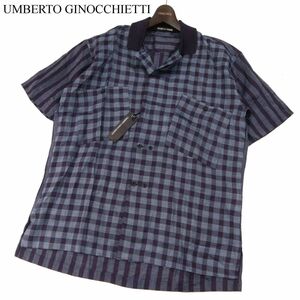 【新品 未使用】 UMBERTO GINOCCHIETTI ウンベルトジノケッティ ストライプ切替 半袖 リネン チェック シャツ Sz.L　メンズ　G3T01797_6#A