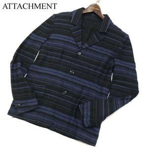 ATTACHMENT アタッチメント 春夏★ Co/ラミー/Li マルチボーダー 3B リネン ジャケット Sz.2　メンズ 日本製 定価4.8万★　G3T00767_3#M