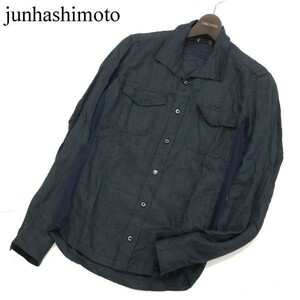 junhashimoto ジュンハシモト SHT0084 LIC03 春夏 麻100%★ 長袖 リネン ミリタリー シャツ Sz.2　メンズ 日本製　G3T00695_3#A