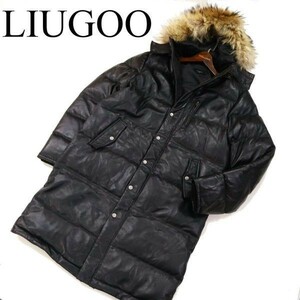 LIUGOO TOKYO リューグー レザーズ リアルファー★ 羊革 ラム レザー ダウン コート Sz.LL　メンズ 黒 大きいサイズ　G2T04330_C#N