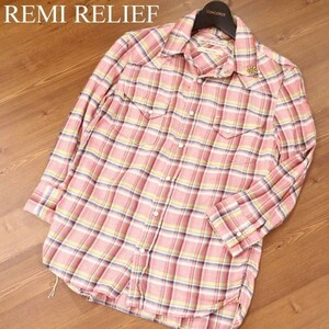 REMI RELIEF レミレリーフ 春夏 フラワー スタッズ★ 7分袖 ウエスタン チェック シャツ Sz.S　メンズ 日本製　G3T01223_4#A