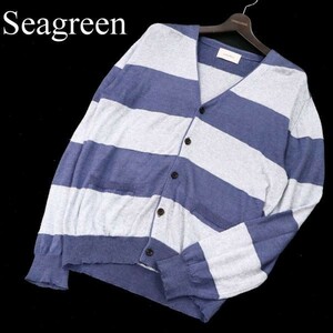 Seagreen シーグリーン 春夏★ Vネック ボーダー リネン ニット カーディガン Sz.4　メンズ 日本製　G2T02350_7#J