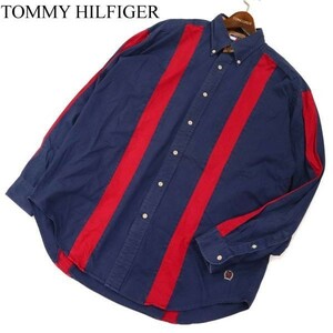 希少 90s★ TOMMY HILFIGER トミーヒルフィガー 長袖 オーバーサイズ ボタンダウン シャツ Sz.M　メンズ ビンテージ 古着　G3T00472_2#C