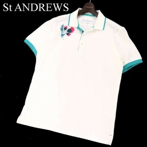 St ANDREWS セントアンドリュース 春夏 フラワー刺繍★ 半袖 ストレッチ 鹿の子 ポロシャツ Sz.L　メンズ 白　G3T01170_4#A