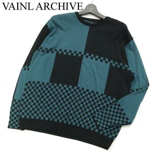 美品★ VAINL ARCHIVE ヴァイナルアーカイブ 通年 チェッカー フラッグ★レーヨン ニット セーター カットソー Sz.S　メンズ　G3T00997_3#L