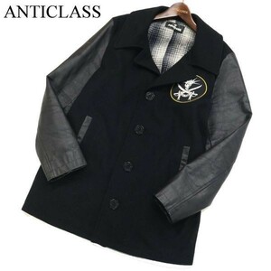 ANTICLASS アンチクラス 牛革★ ワッペン 秋冬 袖革 カウ レザー × メルトン ウール コート Sz.M　メンズ 黒 日本製　G2T04241_C#N