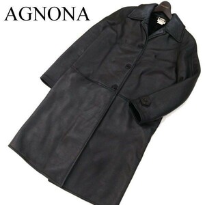 イタリア製★ AGNONA アニオナ 高級♪ 羊革 リアル ムートン レザー ロング コート Sz.L　レディース 黒　G2T04078_C#N