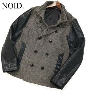 NOID. ノーアイディー 山羊革★ ゴート レザー スリーブ × ウール ツイード ナポレオン Pコート ジャケット Sz.3　メンズ　G2T03266_9#N