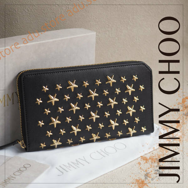 未使用美品★ ジミーチュウ JIMMY CHOO カーナビ 長財布 ウォレット ブラック ゴールド スター 星 / ブランド メンズ レディース