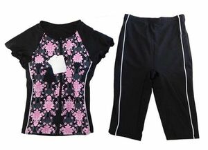 SS0717-7* new goods swimsuit separate top and bottom 2 point set front fastener front print pattern side line waist total rubber S size black / pink / white black / white 