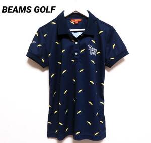 未使用に近い極美品 訳あり BEAMS GOLF ビームスゴルフ ドライポロシャツ 吸汗速乾 総柄デザイン パラソル柄 レディース ゴルフウエア 紺