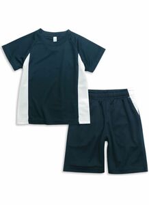 キッズ上下セットドライメッシュジャージ 半袖Tシャツ&パンツ2点セット トレーニングウエア　色変更可能　ネイビー白160