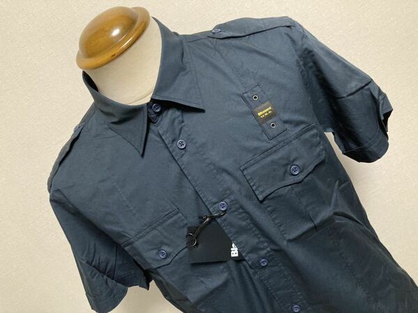 新品　ブラウワーBlauerUSA（米伊）　半袖シャツ　ネイビー　ストレッチ素材　　Ｌ→４８位　定価１．９万円