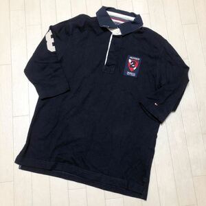 3535★ TOMMY HILFIGER トミーヒルフィガー 7分袖ほど ラガーシャツ ポロシャツ S メンズ ネイビー