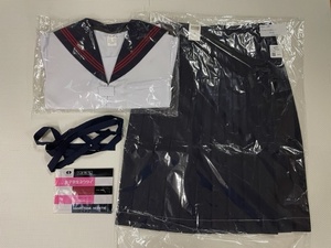 【送料無料】女子学生服　上下セット　セーラー服　赤線　夏服　中間服　サマースカート　クルマヒダ　新品　スクールパール　グリーンＭ