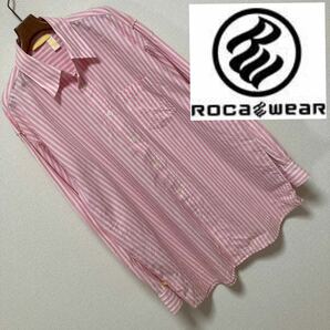 90s■ROCAWEAR ロカウェア■刺繍 ストライプ ビッグサイズ シャツ 2XL ピンク ホワイト オーバーサイズ Vintage 長袖 JAY-Z ヒップホップ