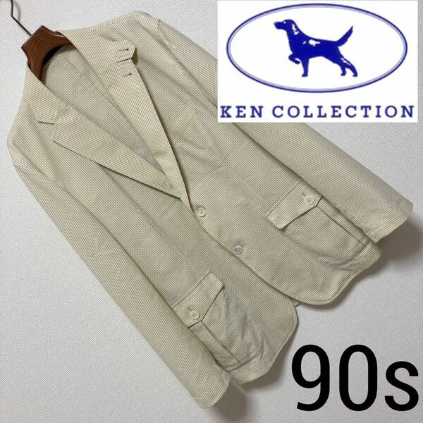 90s■KEN COLLECTION■麻混 リネン シアサッカー ジャケット L イエローベージュ テーラード ケンコレクション ストレッチ Vintage