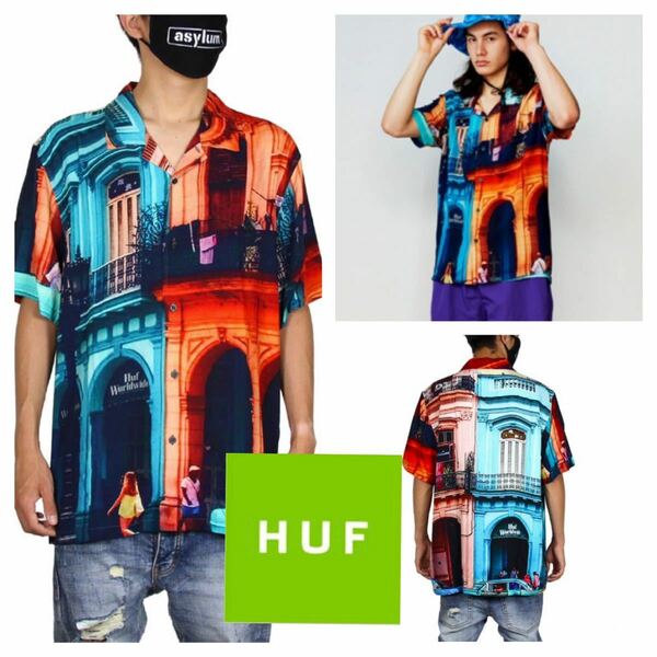 良品■HUF ハフ■HAVANA RESORT 街並グラデーション アロハシャツ M ブルー オレンジ 赤 オープンカラー キューバ ハバナ 風景 定価14080円