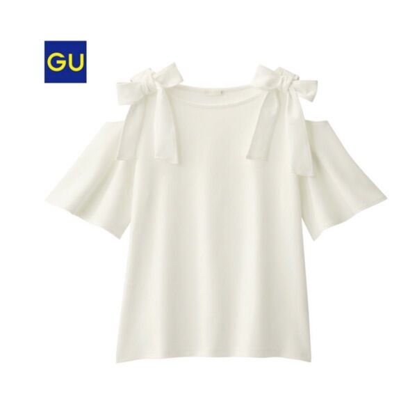 GU リボンショルダーT 5部袖 白 トップス カットソー 厚手シフォン生地