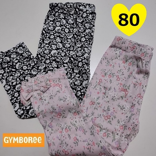 80★新品レギンス2枚★裾にリボン付き★バラ柄　黒薔薇　花ピンク　パンツ女の子　GYMBOREEジンボリー　保育園幼稚園　ロンパース 黒