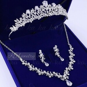  Cubic Zirconia earrings ( earrings )& Tiara & necklace 3 point set wedding wedding u Eddie ng accessory 