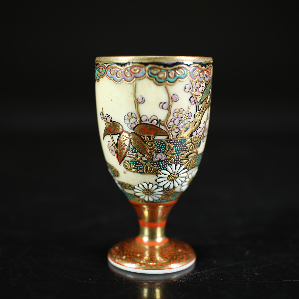 CA912 明治時代 【九谷雪花】作 九谷焼 金彩色絵 酒杯/箱付 美品n