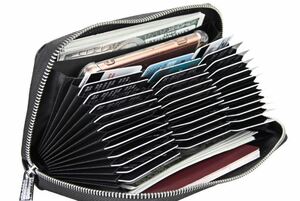 在庫処分　長財布 カードケース　大容量 レディース メンズ 本革 ラウンドファスナー　スキミング防止機能　ブラック i44