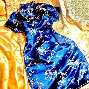  satin ....* lustre One-piece Halloween cosplay *SEXY China dress lady's LL size XL size navy blue 