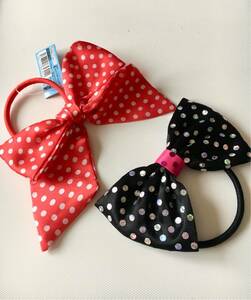  new goods unused red & black dot ribbon hair elastic 2 point set 