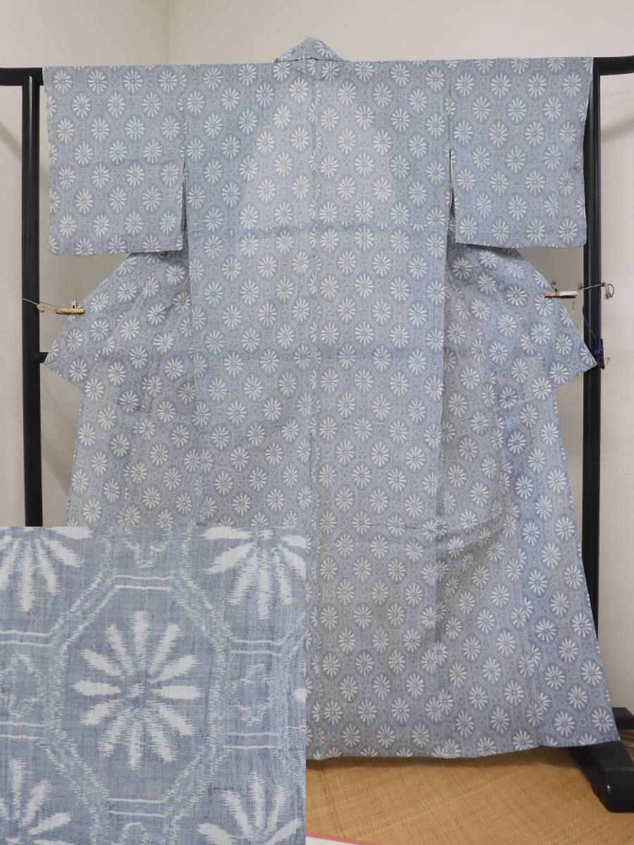 小千谷縮 水色 波に花 夏着物 単衣 日本最大級の通販サイト