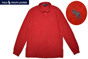 Y-5694★送料無料★Polo by Ralph Lauren ポロ ラルフローレン CUSTOM FIT★正規品 レッド赤色 ポニーロゴ刺繍 鹿の子 長袖 ポロシャツ Ｌ